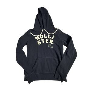 Y2K Hollister Hoodie Large Navy Blue Script Logo Pullover 2000s Surf Prep Womens